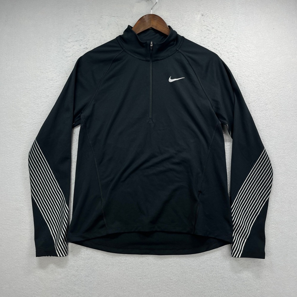 Nike Flash Pullover Top Women M Black Dri-Fit Quarter Zip Striped Sleeve Running